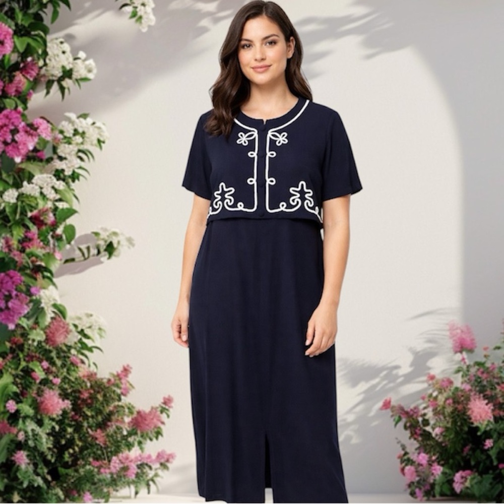 Vintage 80s 90s Dress Embroidered Ornate Brocade Fashion Bug Navy Blue Size 12